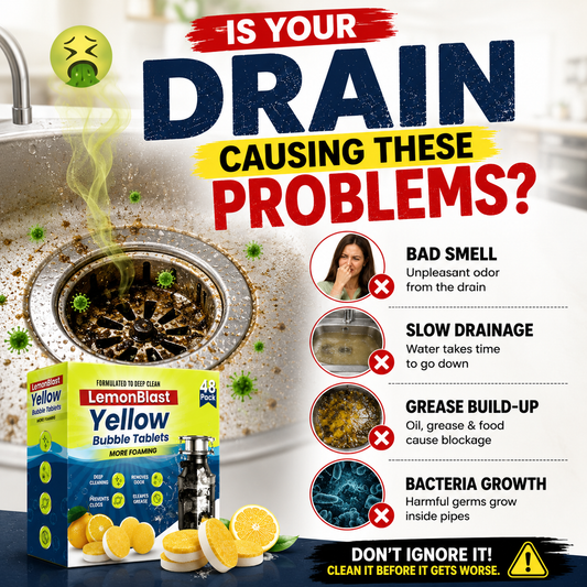 Advertisement for LemonBlast Yellow Bubble Tablets with a clogged sink and problem points highlighted.