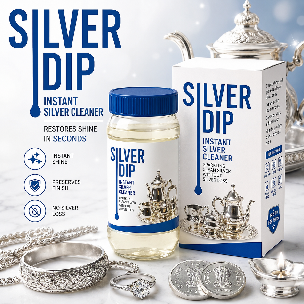 Silver Dip instant silver cleaner with bottle, packaging, and silver items on a light background