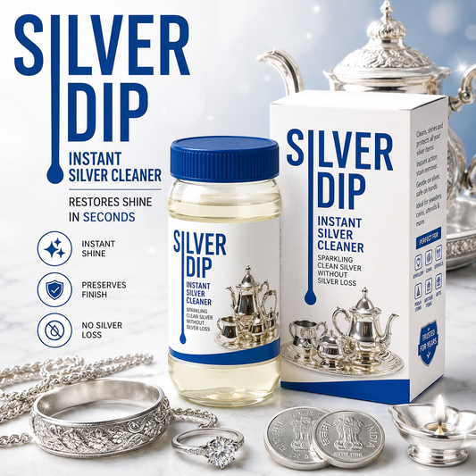 Silver Dip instant silver cleaner with bottle, packaging, and silver items on a light background