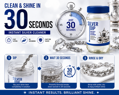 Advertisement for Silver Dip instant silver cleaner with product packaging, usage instructions, and before-and-after images.