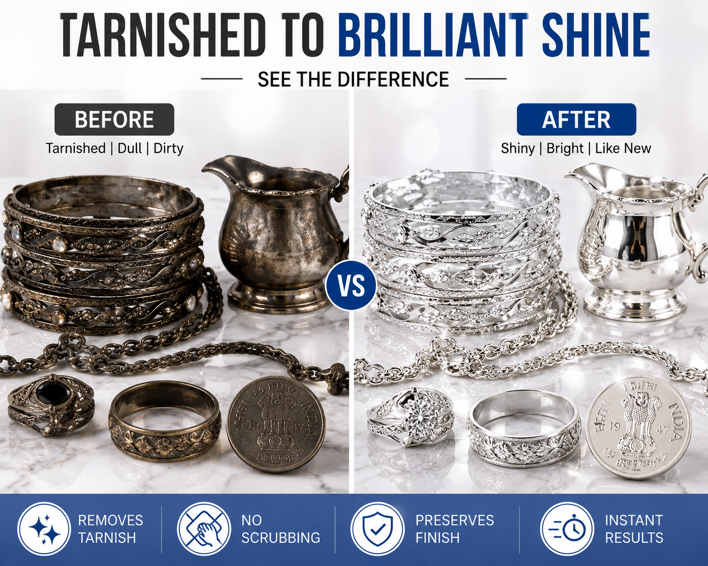 Before and after comparison of tarnished silver jewelry cleaned to a brilliant shine.