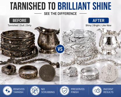 Before and after comparison of tarnished silver jewelry cleaned to a brilliant shine.
