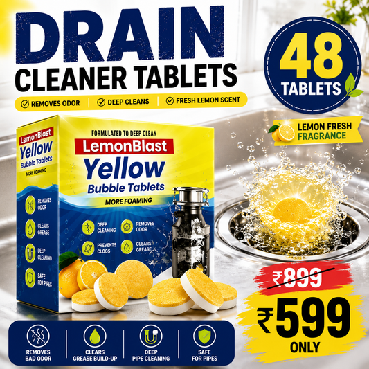 Lemon Blast Yellow Bubble Tablets packaging with sink and drain background, highlighting features and price.