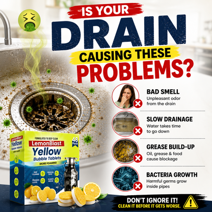 Advertisement for LemonBlast Yellow Bubble Tablets with a clogged sink and problem points highlighted.