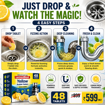 Product advertisement for Lemon Blast Bubble Tablets with step-by-step cleaning process and product packaging.