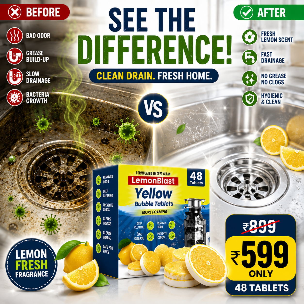 Comparison of a dirty drain with bad odors versus a clean drain with fresh lemon scent, featuring Lemon Blast Yellow Bubble Tablets packaging.