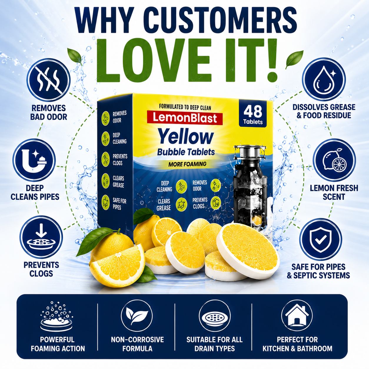 Advertisement for Lemon Blast Yellow Bubble Tablets with product packaging and lemon slices on a blue background.