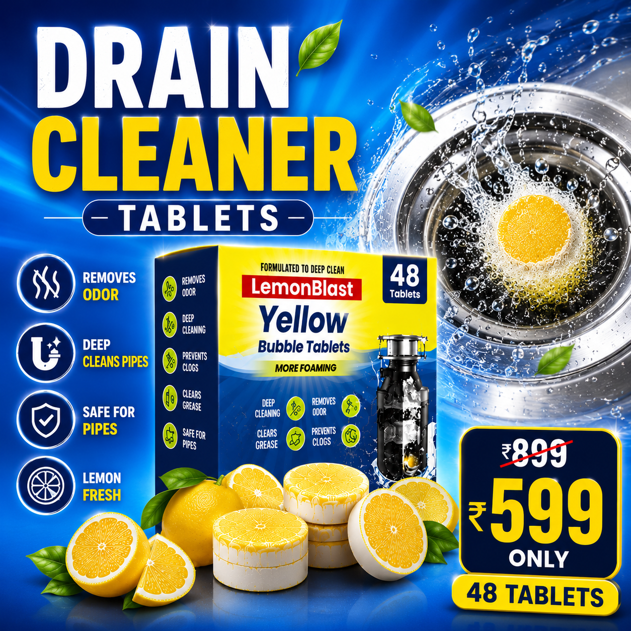 Advertisement for LemonBlast Yellow Bubble Drain Cleaner Tablets with packaging, lemons, and a close-up of a drain.