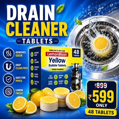 Advertisement for LemonBlast Yellow Bubble Drain Cleaner Tablets with packaging, lemons, and a close-up of a drain.