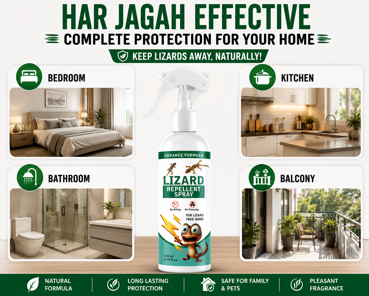 Lizard repellent spray bottle with usage instructions for different rooms of a home.