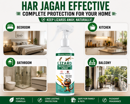 Lizard repellent spray bottle with usage instructions for different rooms of a home.