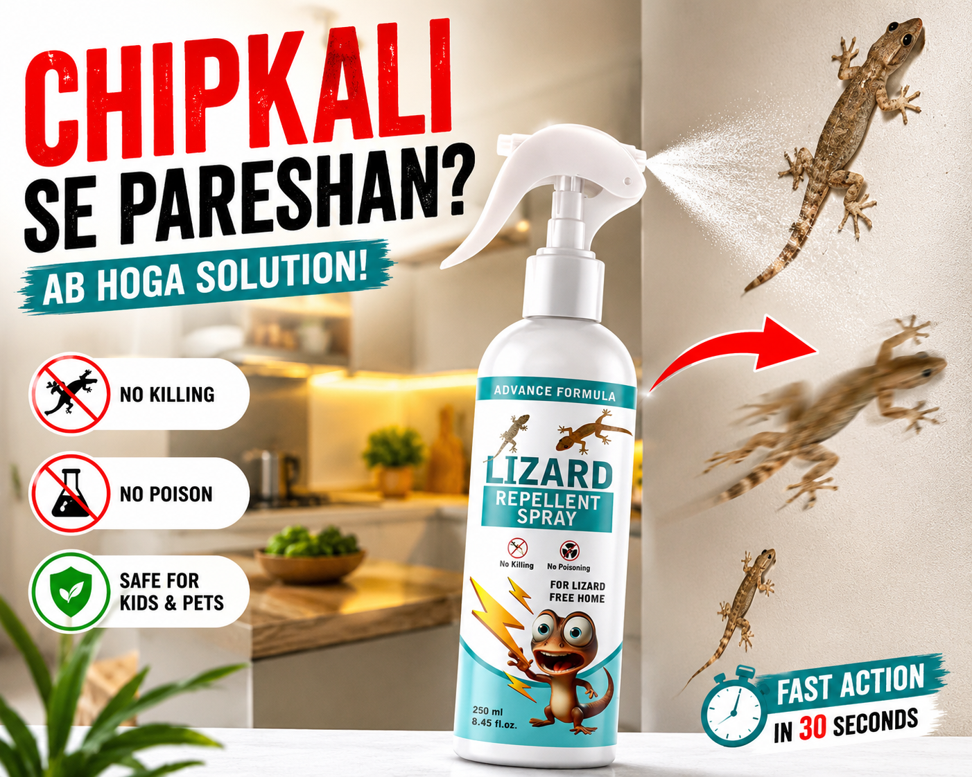 Lizard repellent spray bottle with packaging design and text on a kitchen background