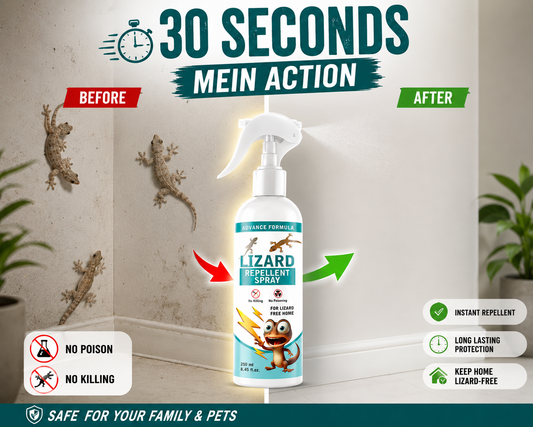 Lizard repellent spray bottle with before and after images of lizards on a wall.