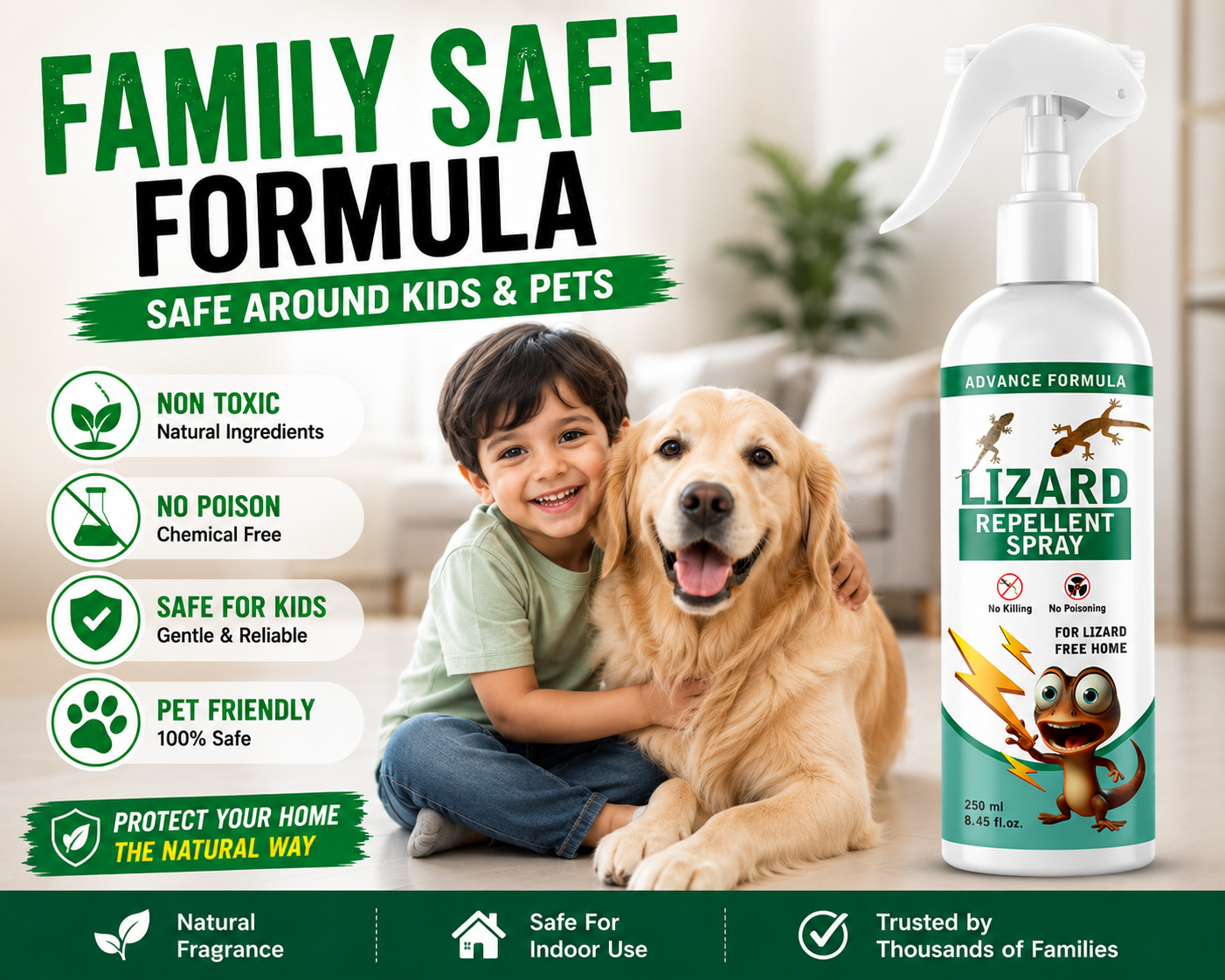 Lizard repellent spray bottle with child and dog on a light background