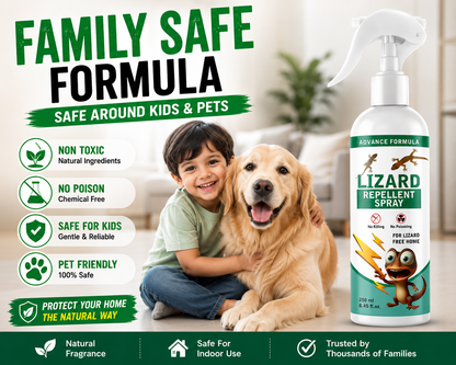 Lizard repellent spray bottle with child and dog on a light background