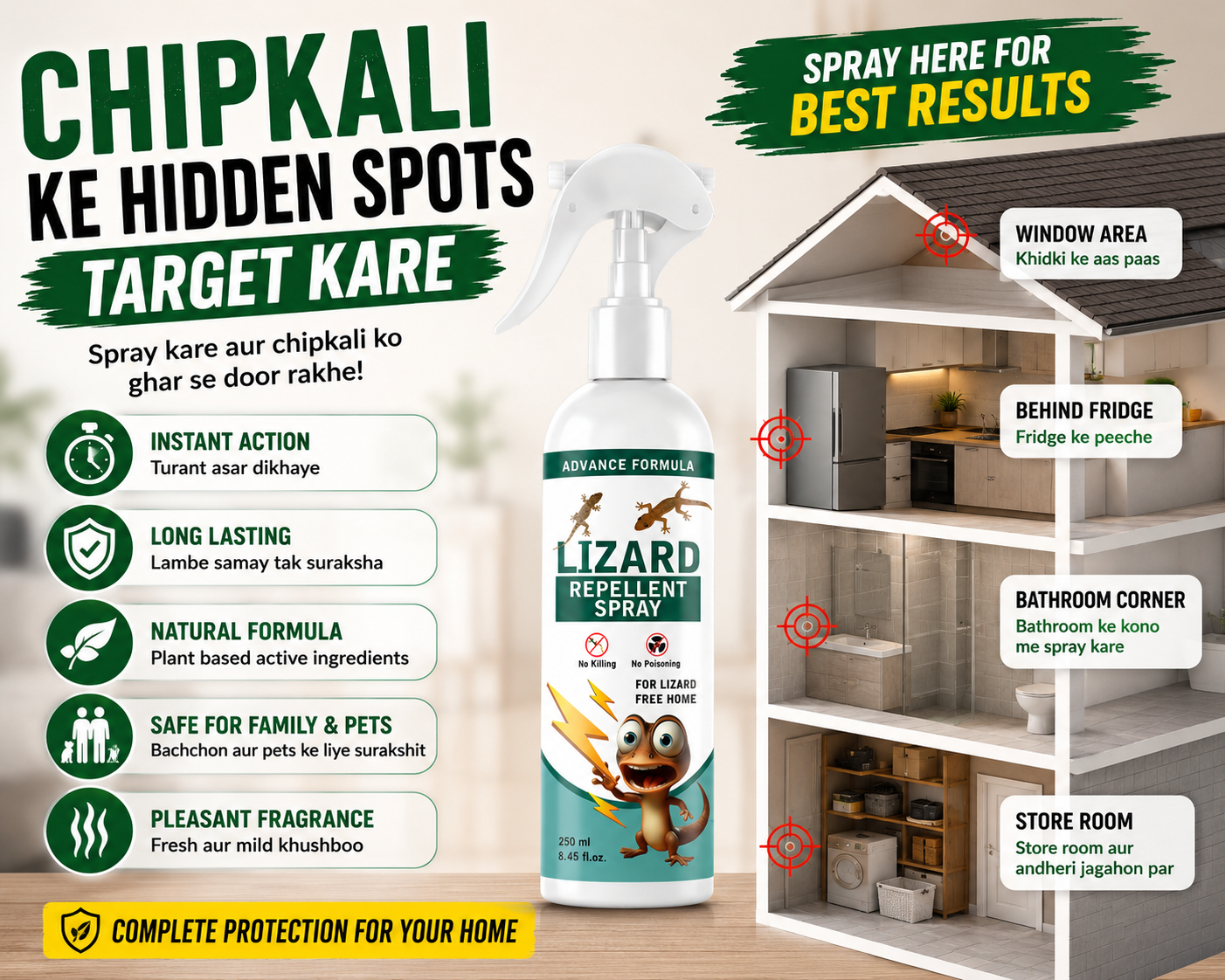 Lizard repellent spray bottle with usage instructions on a home layout background