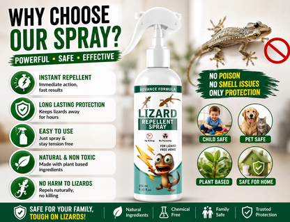 Lizard repellent spray bottle with features highlighted on a white background