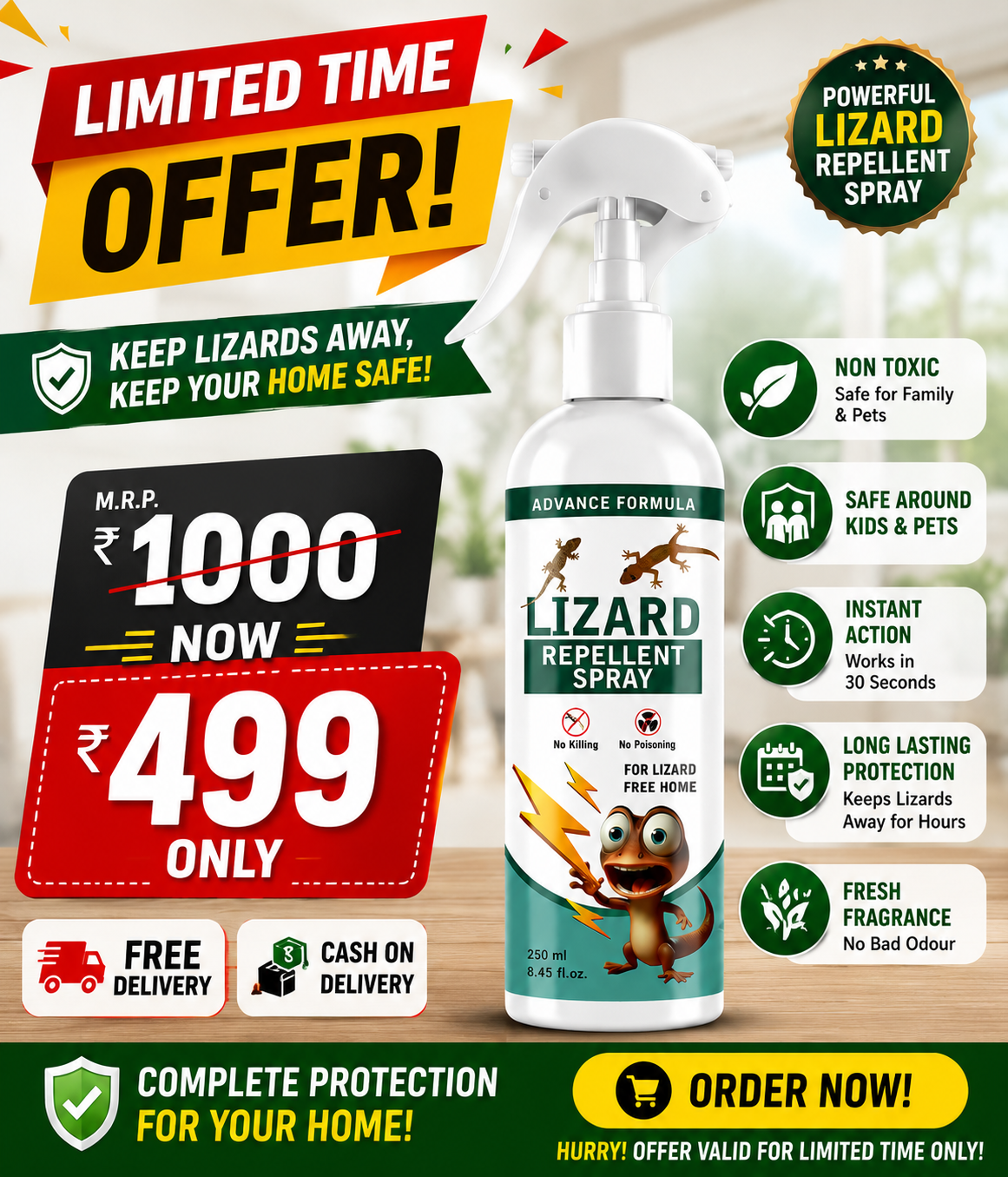 Lizard Repellent Spray with promotional offer on a wooden surface