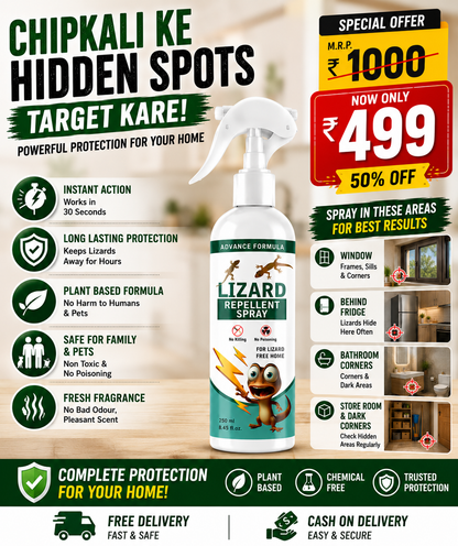 Lizard repellent spray with promotional offer on a wooden surface