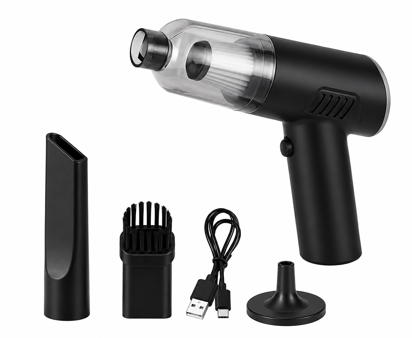 Black handheld vacuum cleaner with attachments on a white background