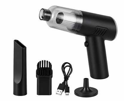 Black handheld vacuum cleaner with attachments on a white background