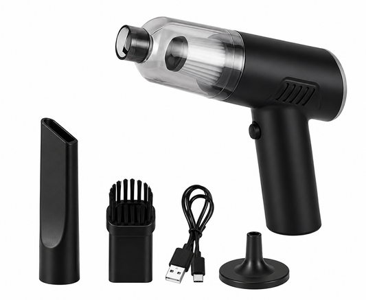Black handheld vacuum cleaner with attachments on a white background