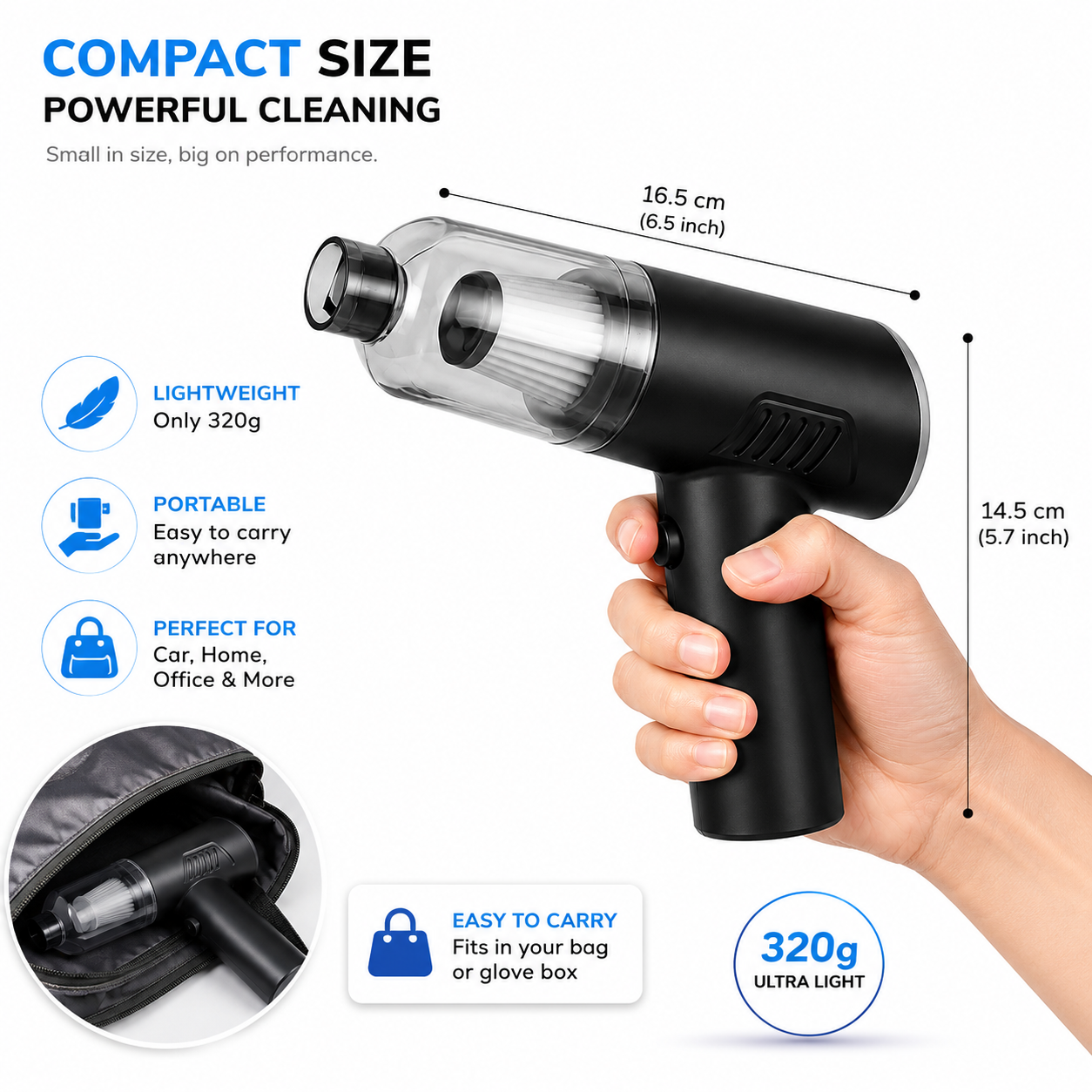 Handheld vacuum cleaner with specifications on a white background