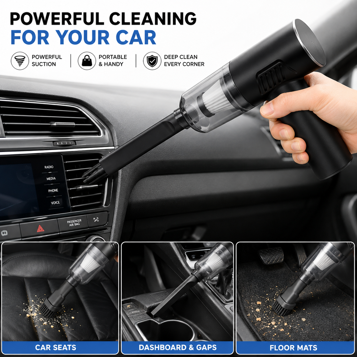 Car vacuum cleaner being used inside a car with text highlighting features.