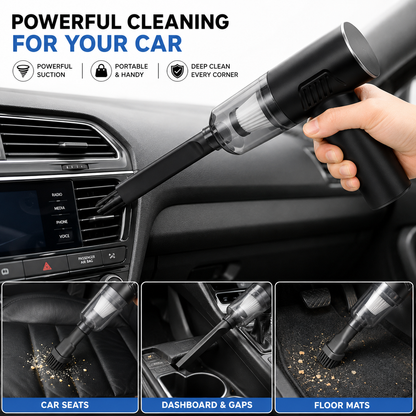 Car vacuum cleaner being used inside a car with text highlighting features.