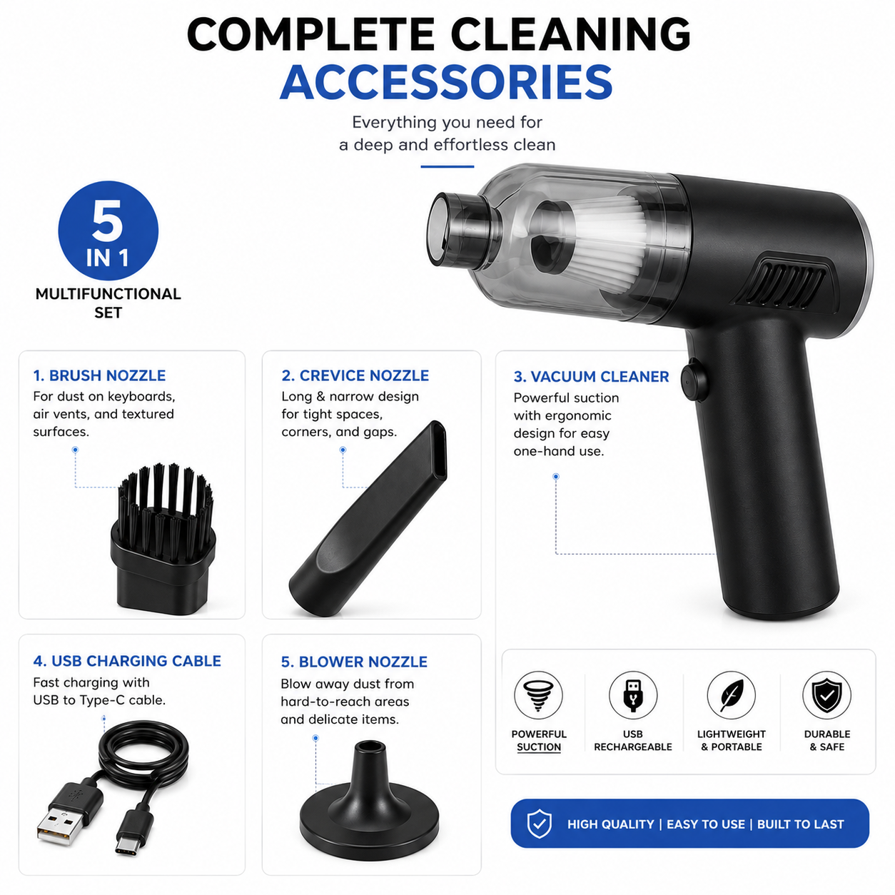 Multifunctional cleaning tool with various nozzles and charging cable on a white background
