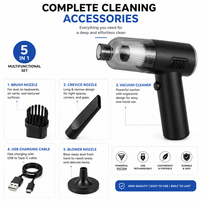 Multifunctional cleaning tool with various nozzles and charging cable on a white background