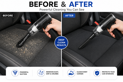Before and after comparison of a car seat cleaning tool with visible dirt removal.
