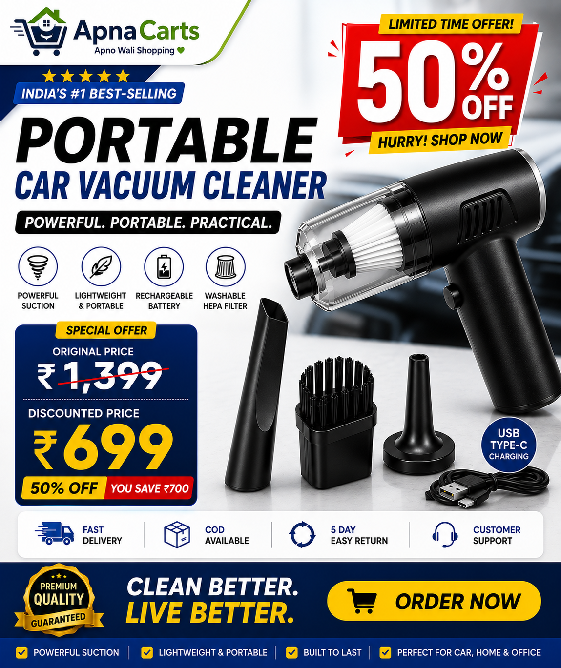 Advertisement for a portable car vacuum cleaner with promotional text and product features.