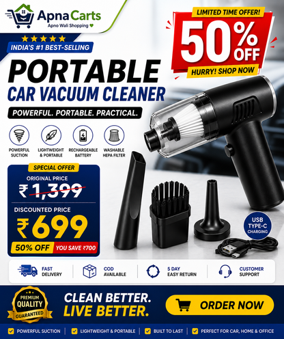 Advertisement for a portable car vacuum cleaner with promotional text and product features.