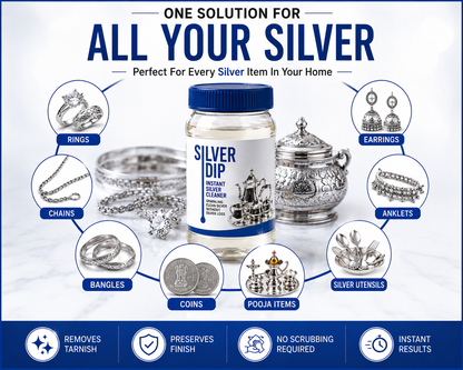 Advertisement for Silver Dip product with images of silver jewelry and text about its uses.