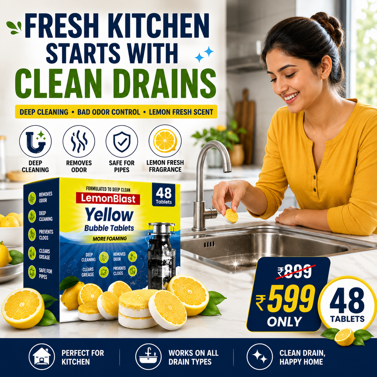 Woman in a kitchen with Lemon Blast Yellow Bubble Tablets packaging, promoting clean drains.